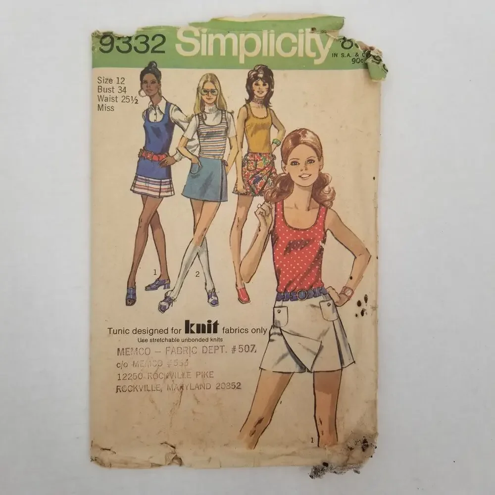 Vintage Pattern Sewing Craft Hobby Simplicity 9332 womens skirt size 12 mini
